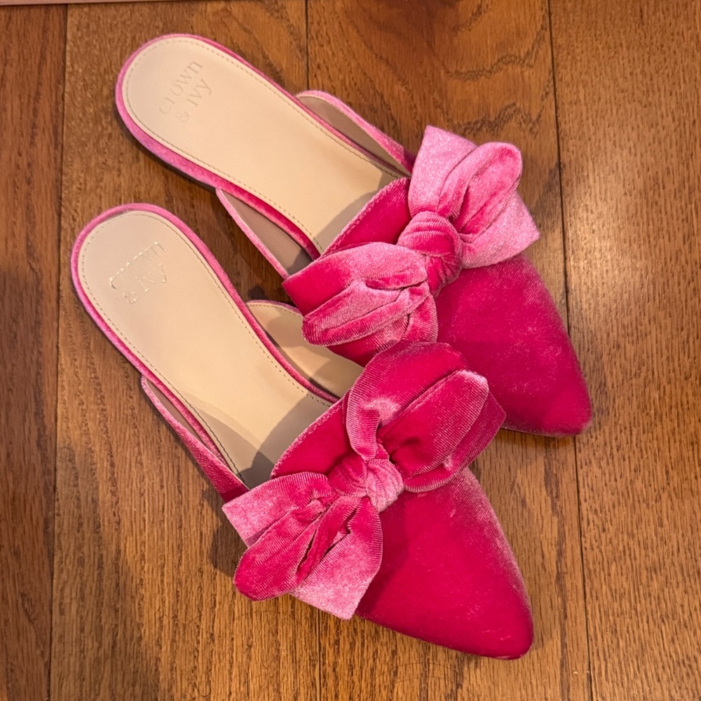 Pink Velvet Bow Pointed-Toe Mules